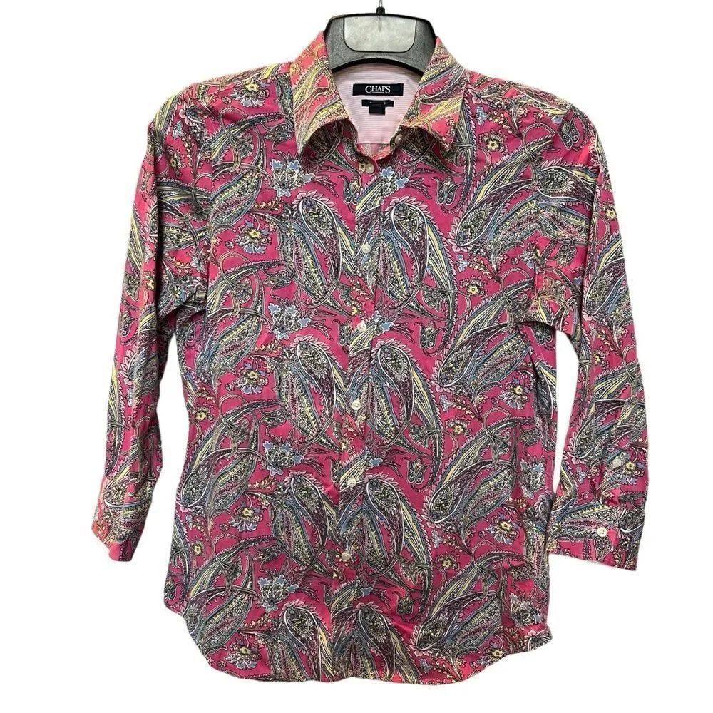 Chaps Women's Button Down Shirt Pink/Blue/Yellow Floral Paisley Size Medium